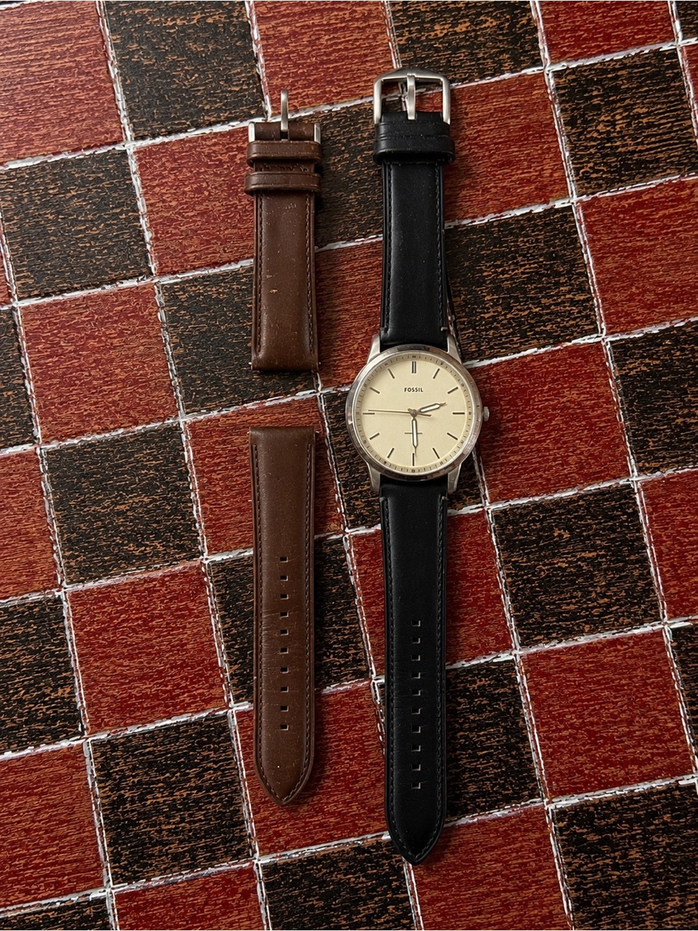 Fossil Minimalist Silver Watch | White Dial + Black/Brown Genuine Leather Straps